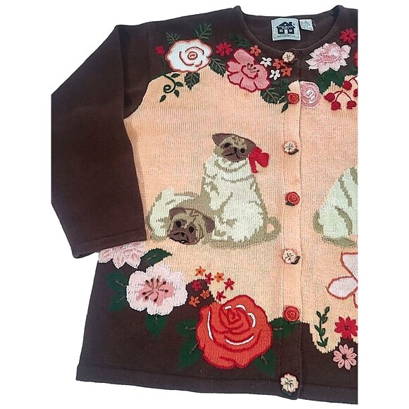 1X Pug Puppy Storybook Knits Sweater Brown Peach Flower Buttons 3D Cruelle Dog - Picture 3 of 16